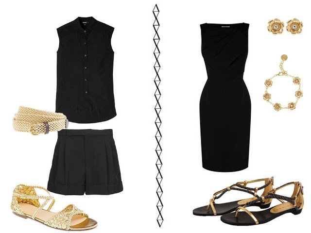 black shorts outfit and black dress with gold accessories