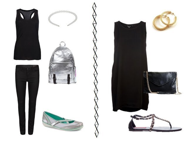 black tank and jeans with silver casual accessories and black dress with gold chain accessories