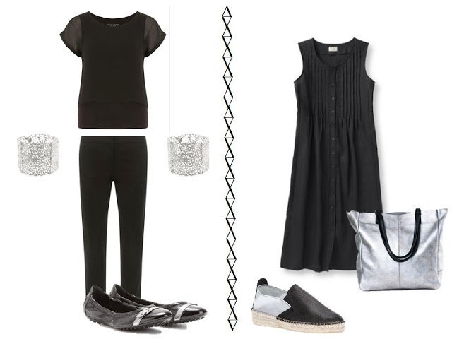 black tee and pants with silver cuffs and ballet flats and black dress with silver espadrilles and tote