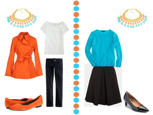 coral short trench with black and white outfit, and turquoise sweater black skirt with turquoise and coral necklace