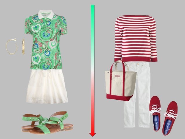 white skirt with green paisley top, white jeans with red and white striped sweater