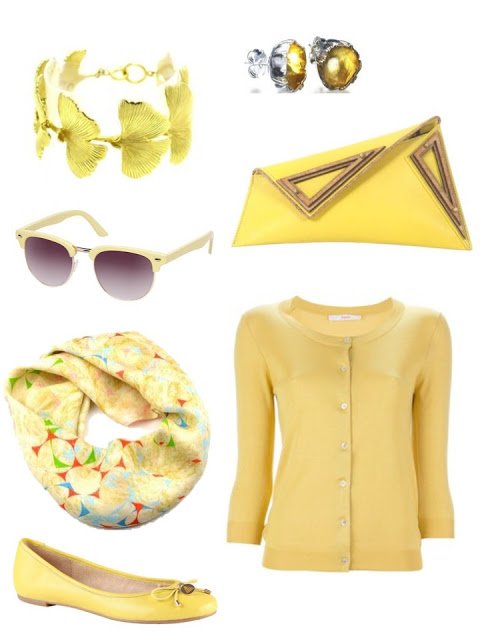 yellow accessory family with cardigan, ballet flats, a bag and jewelry