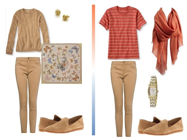 Two travel outfits with camel jeans, from a Camel Terracotta and Blue Travel Capsule Wardrobe