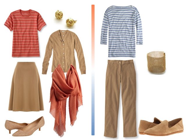 two outfits taken from the travel capsule wardrobe in Camel, Terracotta and Blue