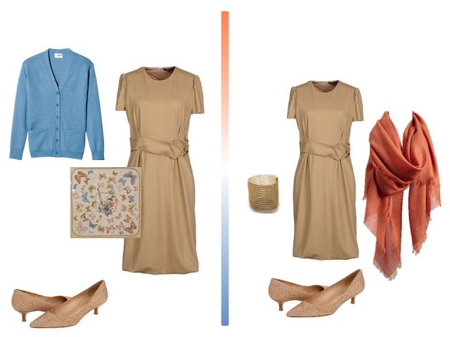 Accessorizing a camel dress with blue, or with terracotta, from a travel capsule wardrobe in camel, terracotta and blue