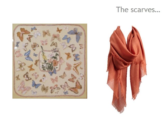 Two scarves in camel and terracotta, with blue accents