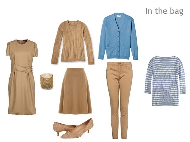 Travel Six-Pack capsule wardrobe in camel and blue: dress, skirt, sweater, cardigan, trousers and tee shirt
