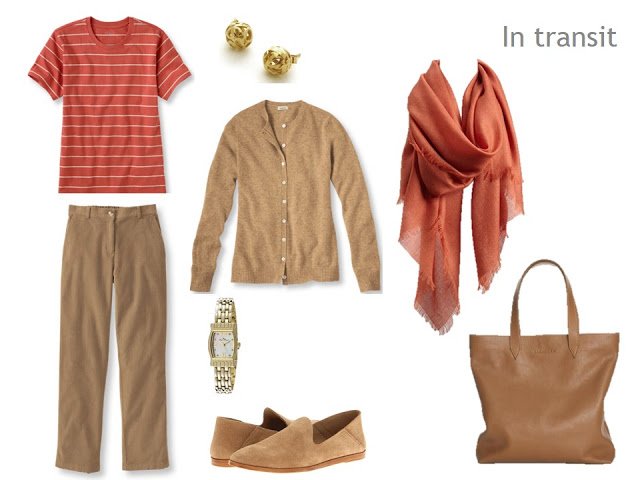 Travel outfit of a camel cardigan and trousers, with a terracotta striped tee shirt and matching scarf, and beige accessories