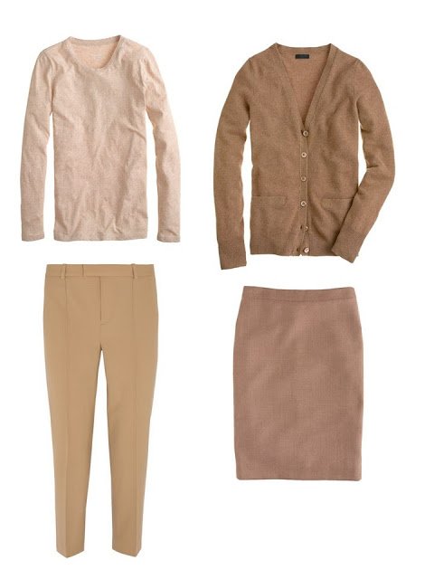 camel four by four of a tee shirt, cardigan, pants and skirt
