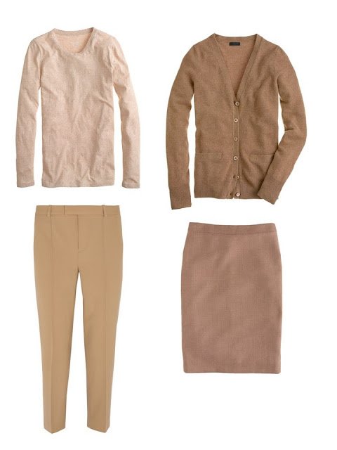 camel four by four of a tee shirt, cardigan, pants and skirt