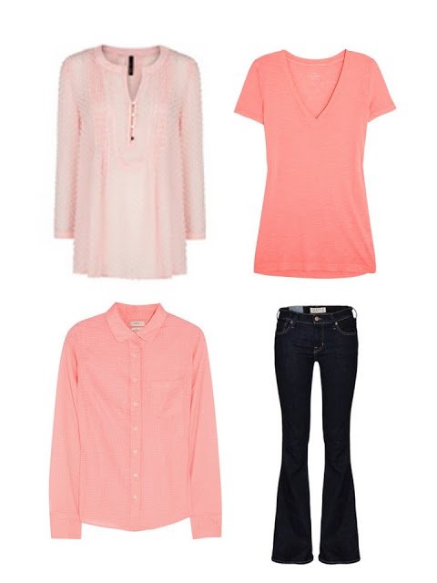 four garments to add to a travel wardrobe - jeans and three peach tops
