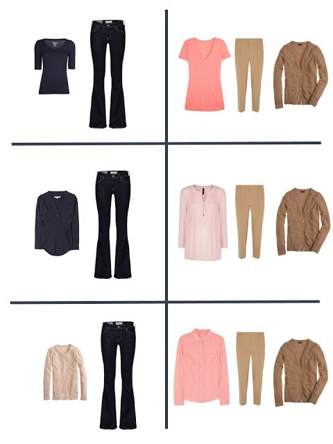 six outfits that come from a navy tan and peach twelve pack