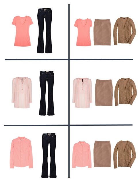 six outfits that come from a navy tan and peach twelve pack
