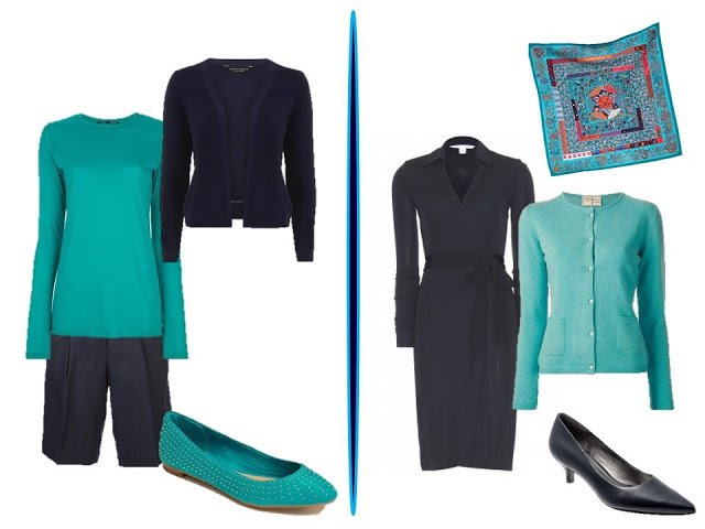 two navy and turquoise outfits - Chic Sightings