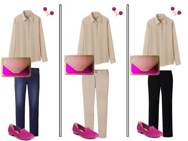 Vivacious pink accents neutral outfits