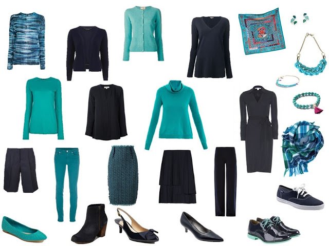 a navy and turquoise capsule or travel wardrobe; 13 pieces, plus accessories