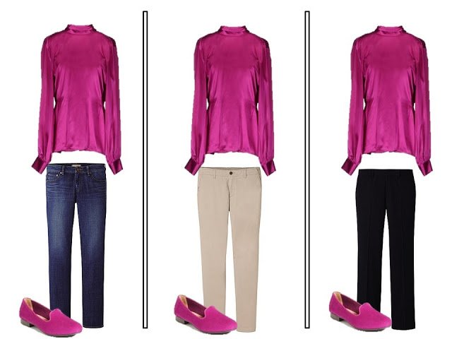 Vivacious pink accents neutral outfits