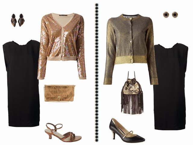 black dress with metallic cardigans