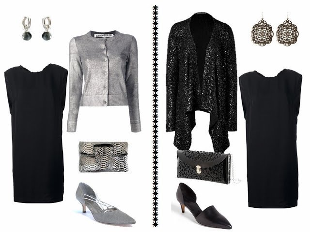 black dress with sequined cardigan