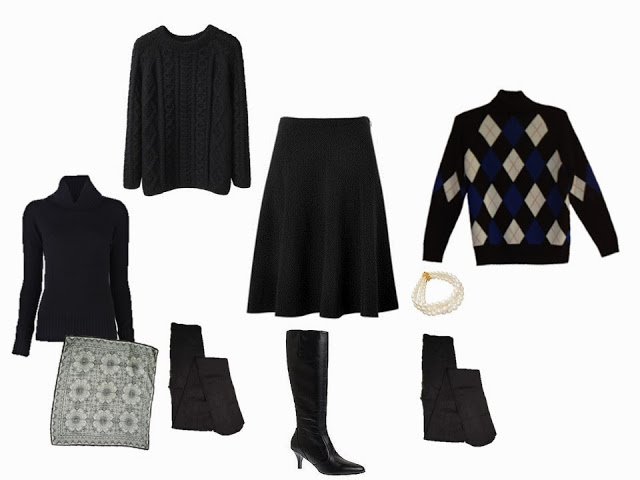 a wardrobe "Cluster" built around a black velvet skirt, with two sweater options
