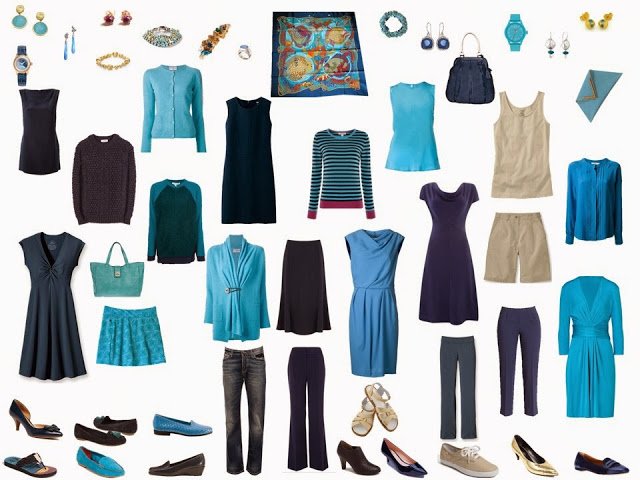 navy and turquoise capsule wardrobe, based on Hermes Grands Fonds silk scarf