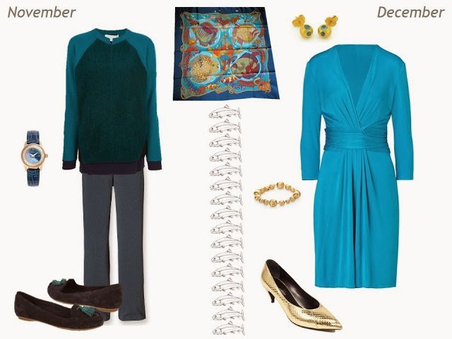 navy and turquoise outfits for November and December, based on Hermes Grands Fonds silk scarf