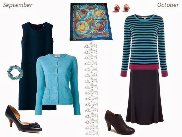 September and October outfits in navy and turquoise, based on Hermes Grands Fonds silk scarf