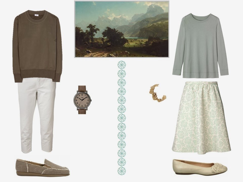 two outfits based on the colors in Lake Lucerne, by Albert Bierstadt