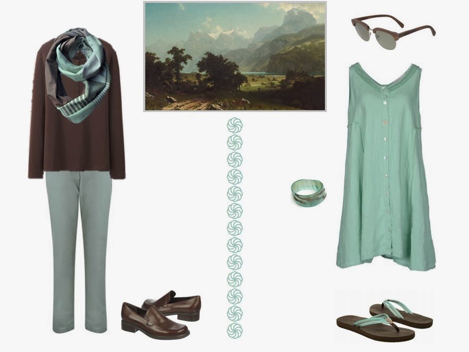 two outfits based on the colors in Lake Lucerne, by Albert Bierstadt