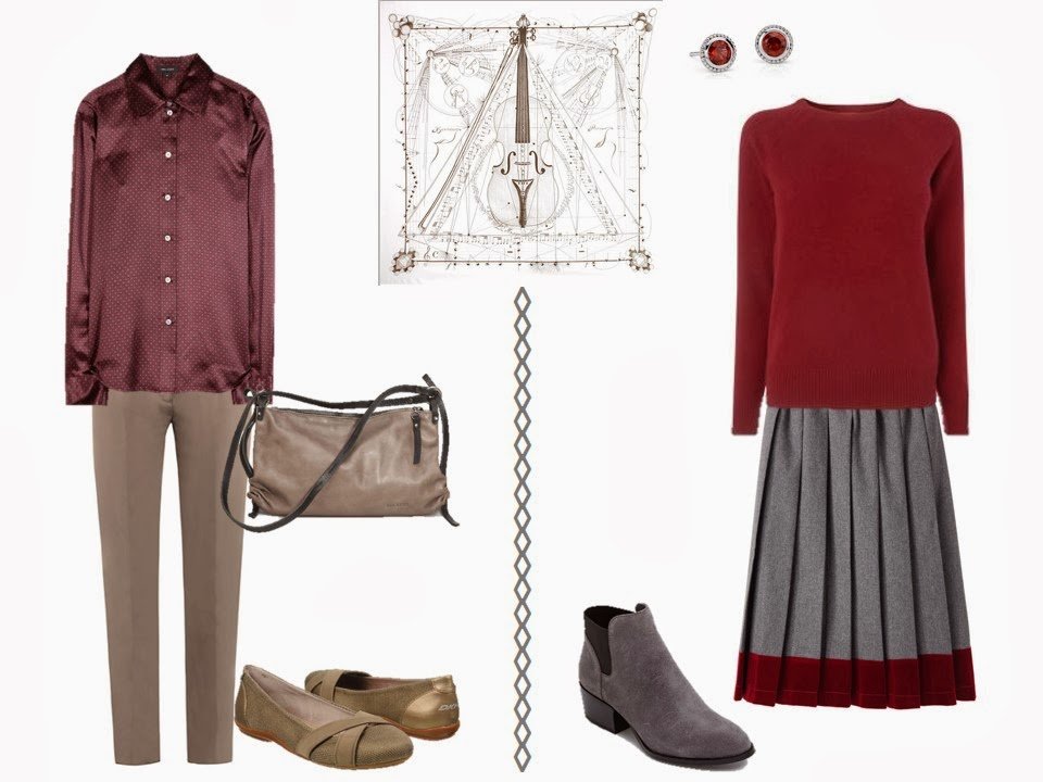 two outfits including maroon to wear with Hermes Musique des Spheres