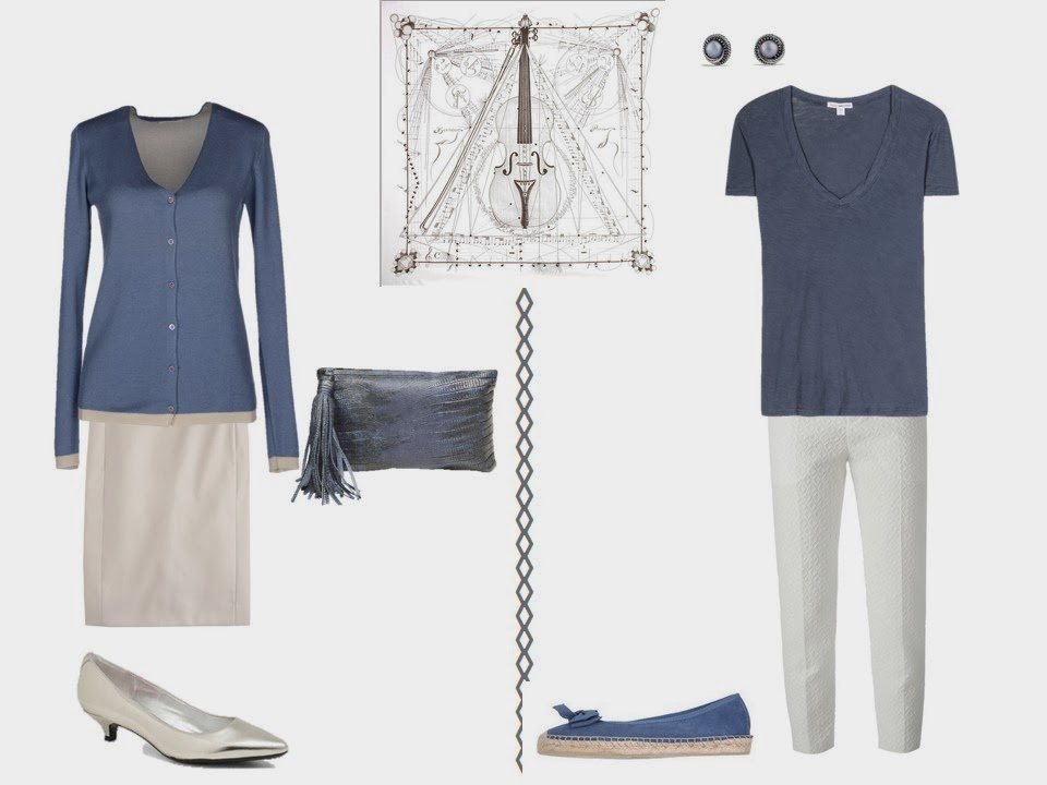 two outfits including slate blue to wear with Hermes Musique des Spheres