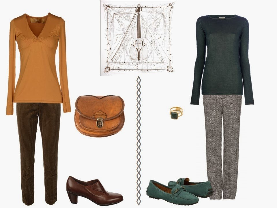 two outfits including gold and green to wear with Hermes Musique des Spheres