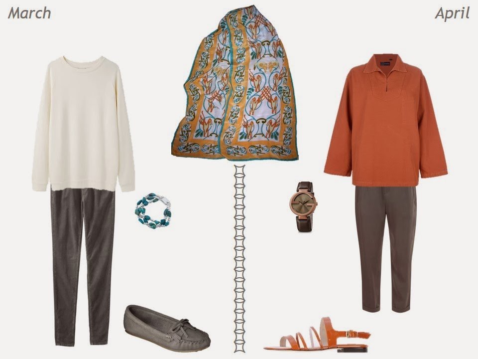 olive and terra cotta outfits to wear with a celtic patterned scarf