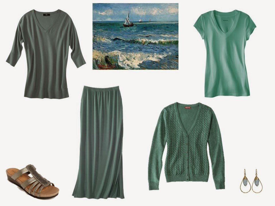 four sea green garments with sandals and earrings