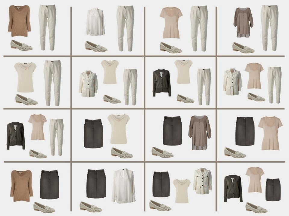 16 possible outfits from a 12-piece travel capsule wardrobe