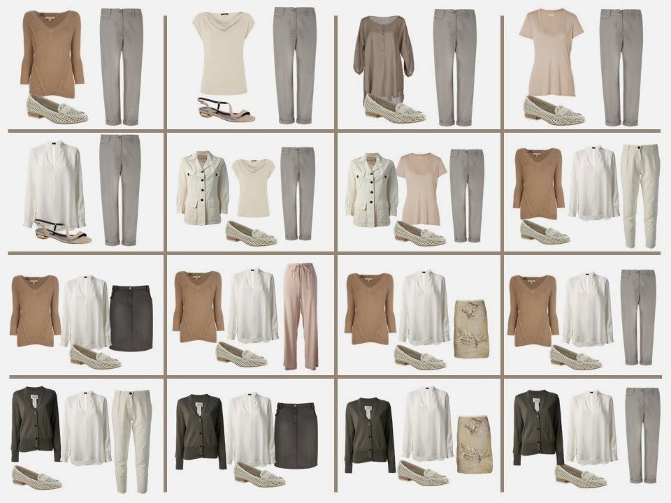 16 possible outfits from a 12-piece travel capsule wardrobe
