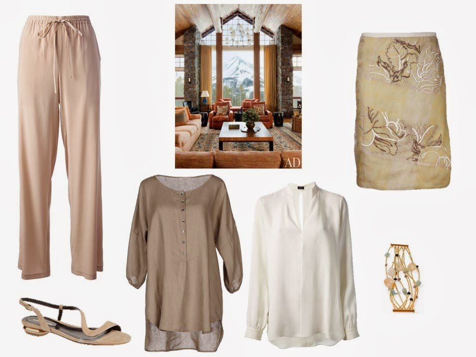 two warm-weather outfits based on an interior from Architectural Digest - tunics and a dressy skirt, or silk pants