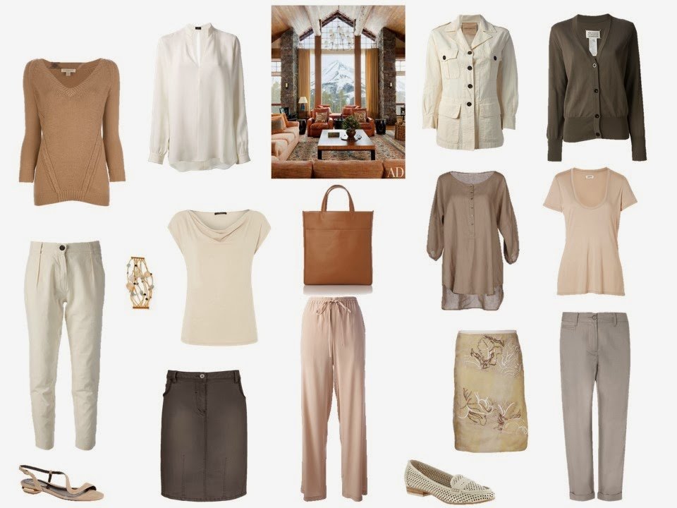 12-piece capsule travel wardrobe in earth-toned neutrals, inspired by an interior photograph from Architectural Digest