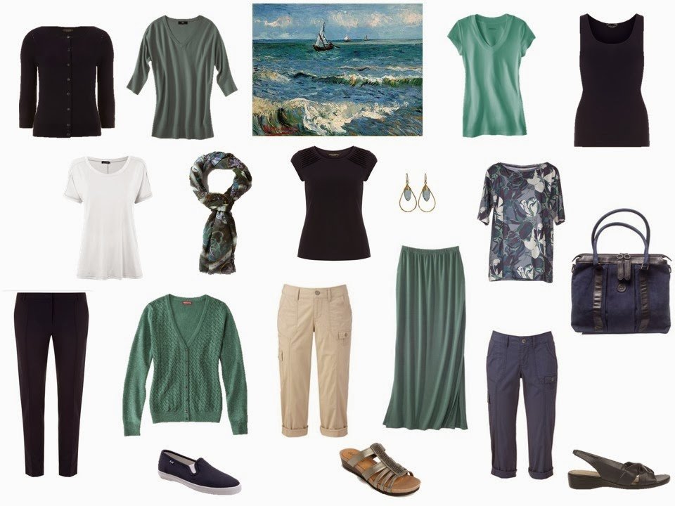 navy and sea green travel capsule wardrobe based on a Van Gogh painting