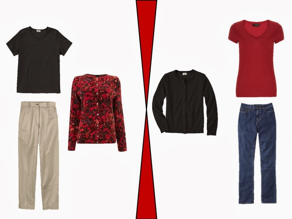 two outfits that incorporate ornamented red garments into a neutral wardrobe