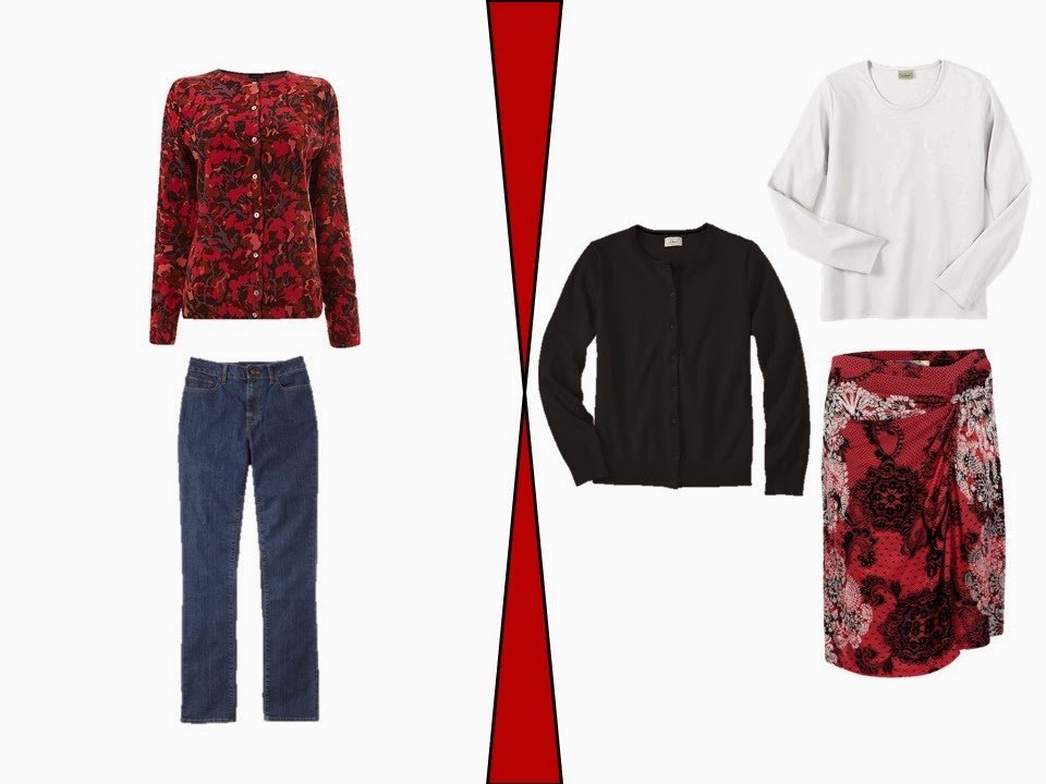 two outfits that incorporate ornamented red garments into a neutral wardrobe