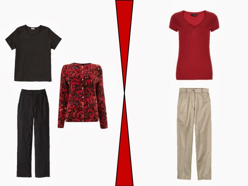 two outfits that incorporate ornamented red garments into a neutral wardrobe