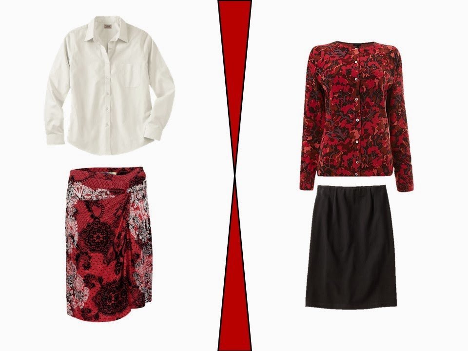 two outfits that incorporate ornamented red garments into a neutral wardrobe