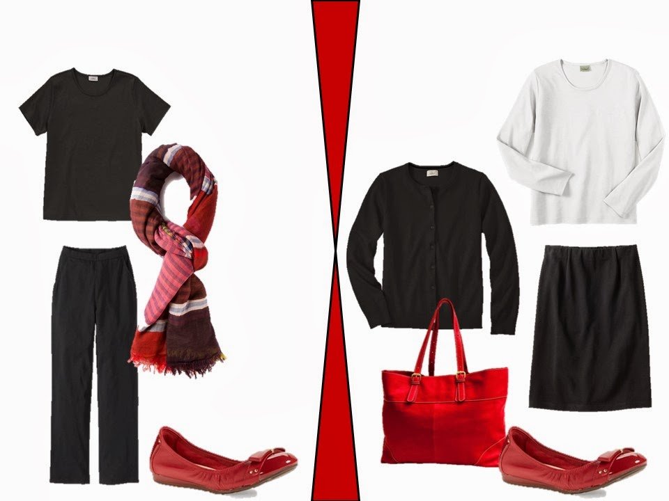 black pants and black skirt with red accessories