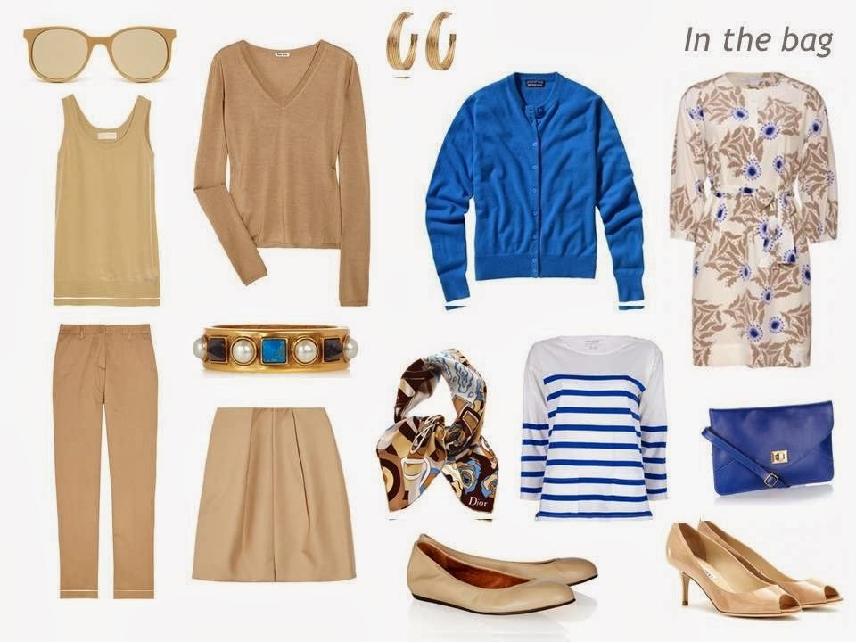 travel capsule wardrobe in beige blue and white