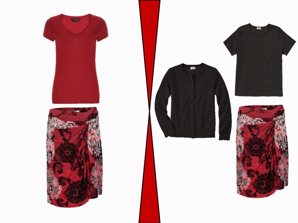 two outfits that incorporate ornamented red garments into a neutral wardrobe