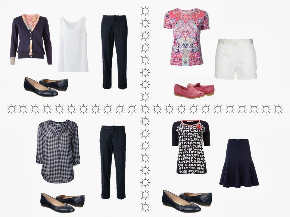 four outfits using an 11-piece travel capsule wardrobe in navy, coral and white