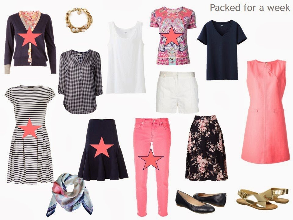 11 piece travel capsule wardrobe in navy, coral and white, for warm weather