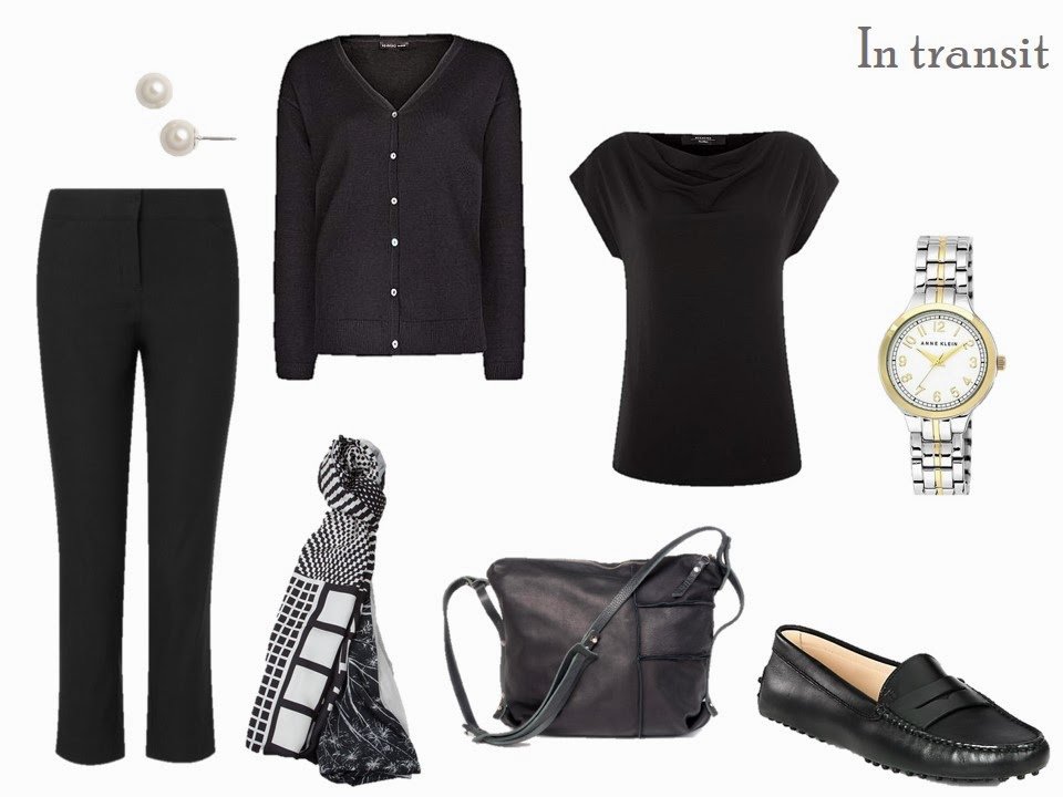 Travel outfit in black, with pearl and white accessories