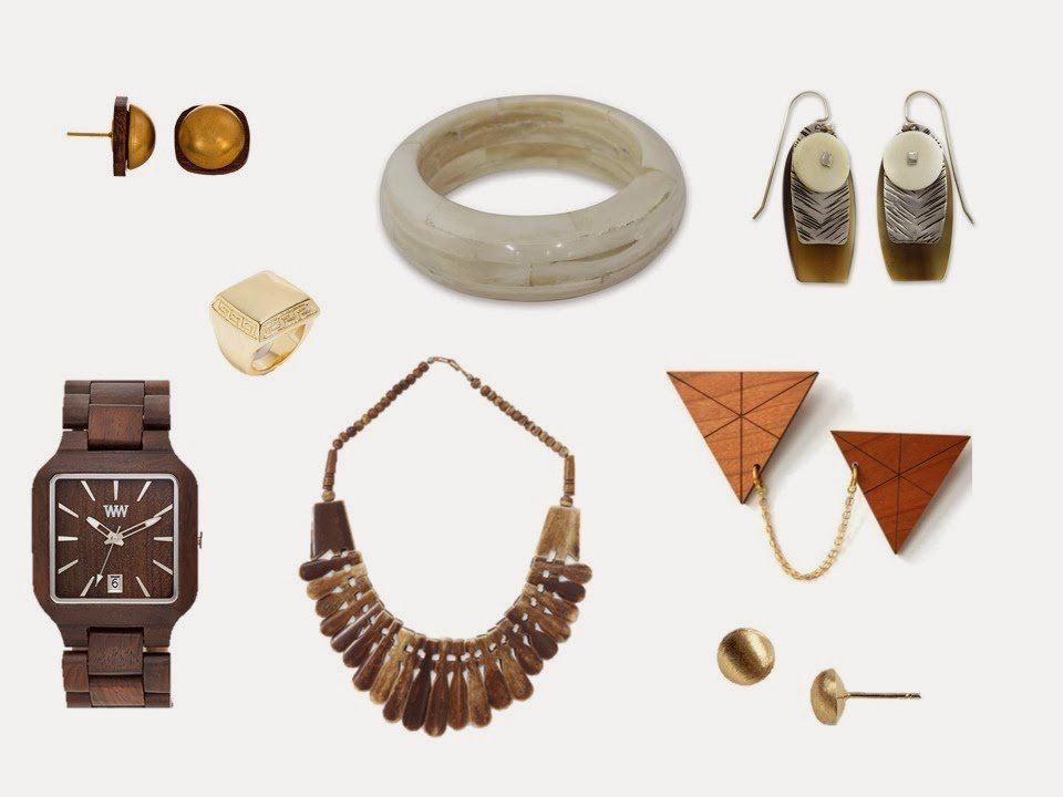 jewelry in wood tones and burnished metals that give a chalet feeling to a neutral wardrobe